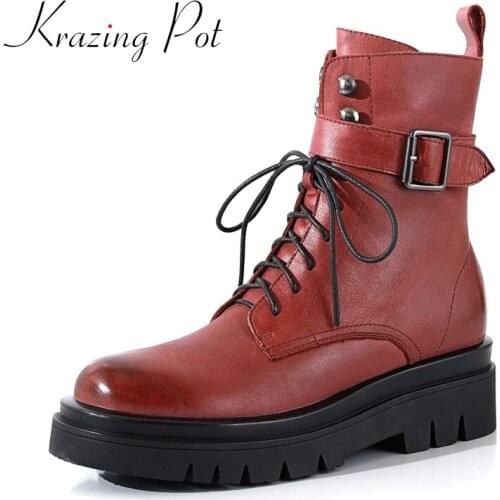 Krazing pot large size genuine leather handmade high quality round toe high heel riding boots handsome classic ankle boots L09