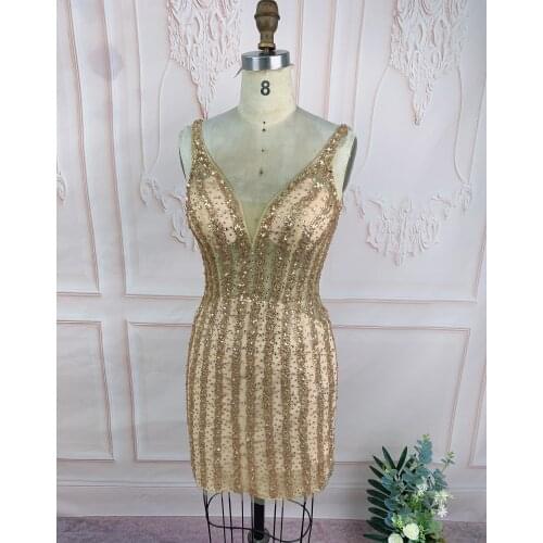 Sexy Short V-Neck Sheath Heavy Beaded Evening Dresses Knee Length Zipper Open Back Formal Party Dresses for Women