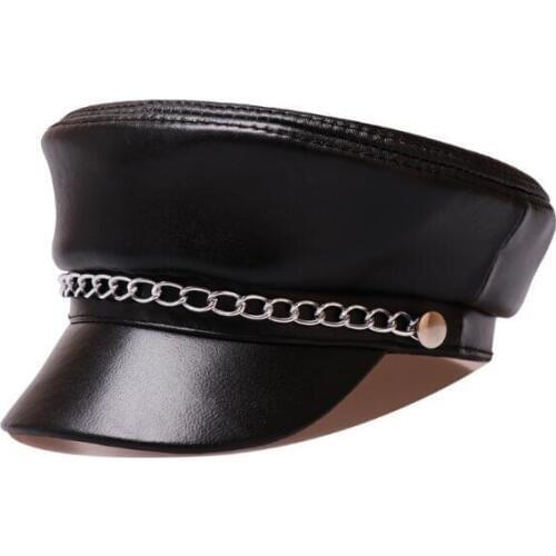 Men and women autumn winter Genuine Leather Windproof Military hat decorative chain navy cap sheepskin hat student flat cap