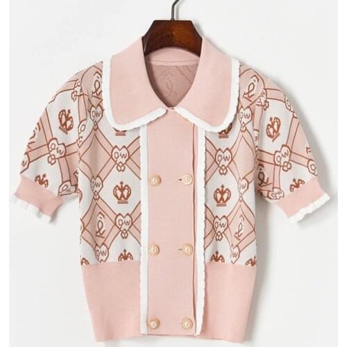 Knitted Cardigan T-Shirt 2021 New Summer Double-Breasted Doll Collar Short Sleeve Fashion and Elegant Woman Knitted Top