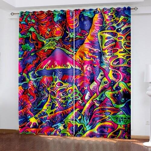 Home Decoration Grommet Curtain Living Room Bedroom Black Silk Cloth Curtains Shading 90% Colorful Mushroom Pattern Printing