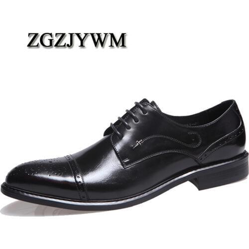 ZGZJYWM New Fashion Black/Red/Brown Mens Flats Oxfords Lace-Up Genuine Leather Business Dress Mens Wedding Party Shoes