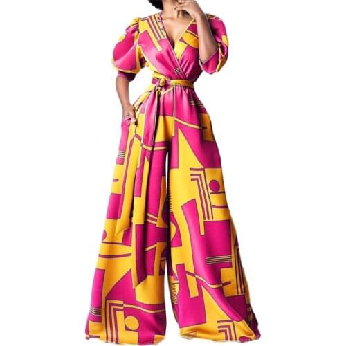 Womens Jumpsuit High waist V-neck Printed Wide Leg Pants With Waist Closing Bandage Summer And Autumn