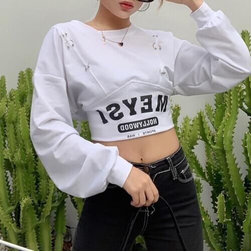 Cool Letter Print Harajuku Y2K Pullover Woman Hip Hop Metal Ring Croped Top Streetwear Short Sweatshirt Female Basic Goth Outfit