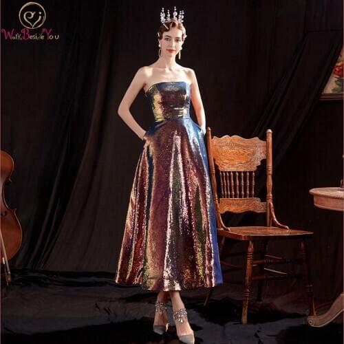 Walk Beside You Tea Length Prom Dresses Sequined Sparkly Purple Strapless Graduation Robes Abendkleider 2021 Celebrity Dresses