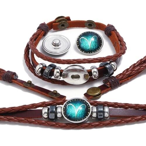 12 Constellations Zodiac Signs Casual Leather Bracelet Hematite Charm Snap Button Clasp Wristband Wrap Bracelets Punk Rock Men