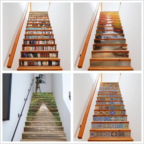 13PCS Stair Sticker Simulation Bookcase Self-adhesive Removable Staircase Wallpaper Home Corridor Steps Renew DIY stairway Decal
