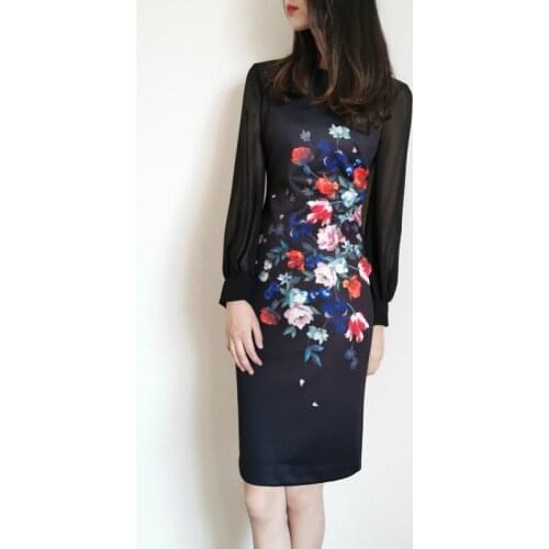 2021 New Spring Floral Print Midi Dress Black Elegant Dress Size 0-5