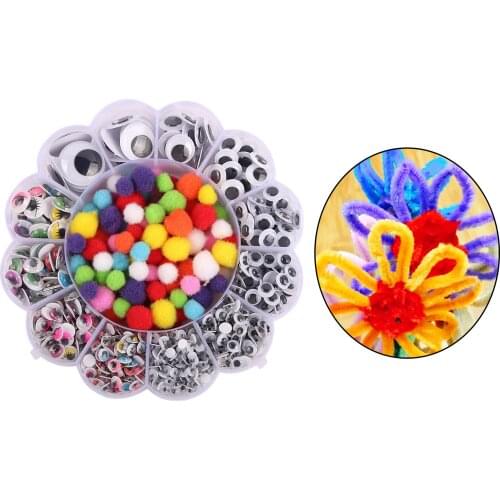 900Pcs Googly Wiggle Eyes Self Adhesive Stickers with 100 pcs Pom Poms DIY Crafts Set For Toys Handicrafts DIY Doll Accessories