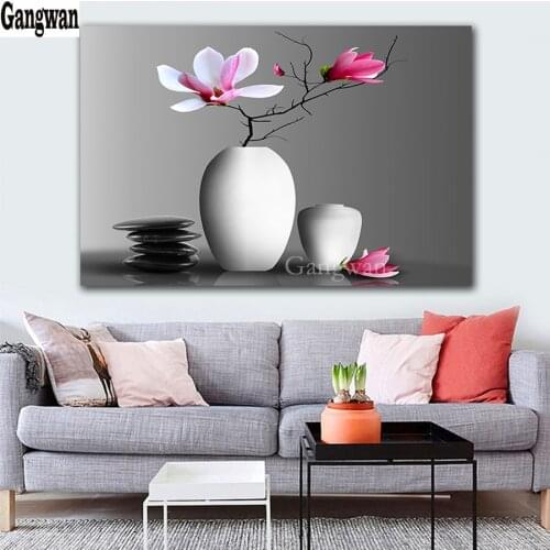 Black Stone Zen full square 5d diy diamond painting mosaic painting diamond embroidery round drill Vase, magnolia flower decor