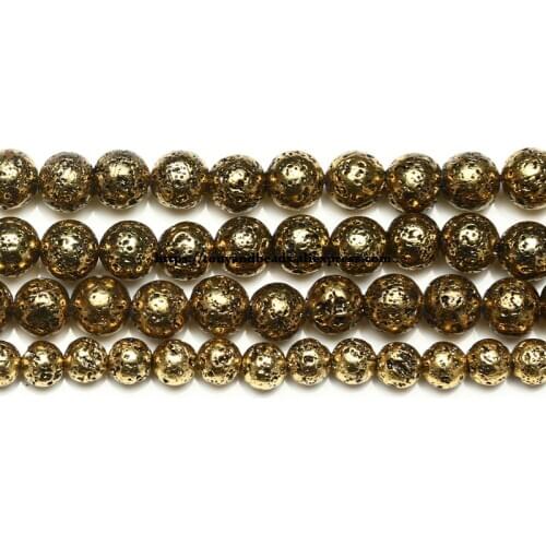Natural Stone Antique KC Gold Plated Volcano Lava Round Loose Beads 15" Strand 6 8 10 MM For Jewelry Making