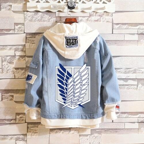 Attack on Titan Wings of Freedom Fake 2 Pieces Casual Jacket Cosplay Denim Jacket Autumn Hooded Sweatshirt Unisex Outwear Coat