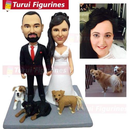Clay cat dog figurines from your photos wedding couple cake topper with dogs custom bobblehead people figurines miniatures dolls