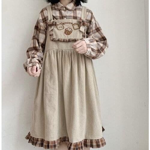 Himifashion Lolita Cute Bear Corduroy Overall Dress Women Girls Vintage Plaid Ruffle Harajuku Casual Kawaii Suspenders Dresses