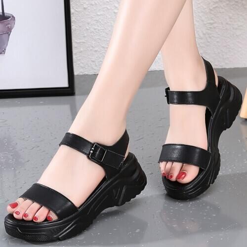 Leather Chunky Platform Womens Sandals Buckle Strap Simple Pink Summer Women Shoes White Mid Heel High 5.5 cm Ladies Sandals