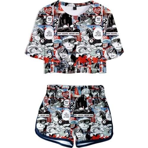 Two Piece Set My Hero Academia Crop Short Suit Sweet Deku Cosplay T-shirt Pants Women Tracksuit Outfit Summer Cute Matching