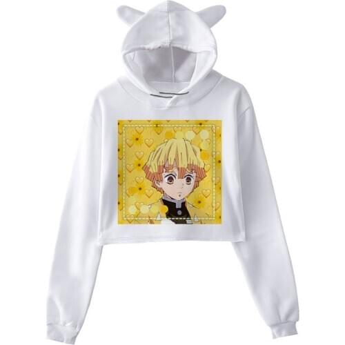 Harajuku Kawaii Demon Slayer Hoodie Winter Women Kimetsu No Yaiba Funny Sweatshirt Demon Blade Cropped Top Female Long Sleeve