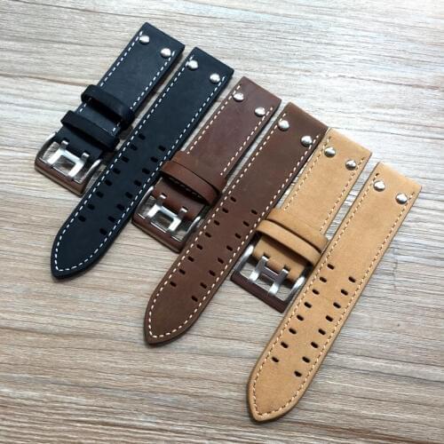 22mm Mate Brown Black Khaki Calf Leather Strap for Hamilton Watchband Mens Rivet Military Pilot Seiko bracelet U-boat Oris Belt