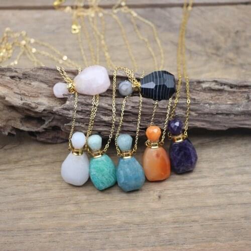 Natural Jades Perfume Bottle Pendants Necklaces Amazonite Amethysts Agates Rose Quartzs Essential Oil Vial Charm Jewelry QC1054