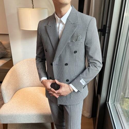 2021 Autumn Houndstooth 2 Pcs Set Wedding Suits for MenDouble Breasted Business Casual Costume Homme Groom Tuxedos Blazer Pants