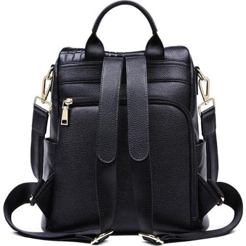 Quality Leather High Backpack Women Fashion Large Capacity Black Travel Backpacks Zipper Preppy Style School Satchel Backpack