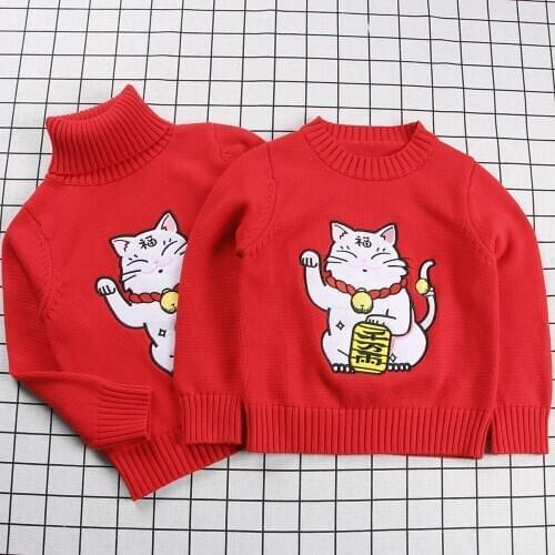 Winter New Year Red Family Matching Outfits Lucky Cat Sweaters Mother & kids Girl Boys Shirts Turtleneck Family Look Clothing