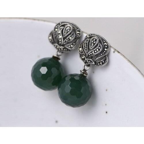 FNJ Green Agate Rose Flower Earrings 925 Silver Original Pure S925 Sterling Silver Stud Earring Women Jewelry Vintage MARCASITE