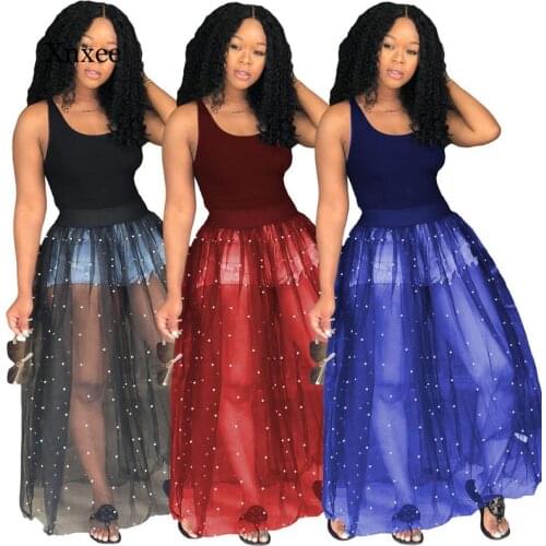 Sexy Black See Through Mesh Club Dress Women Pearl Beading Sleeveless Tank Long Maxi Dresses Ball Gown Summer Dress Sundress