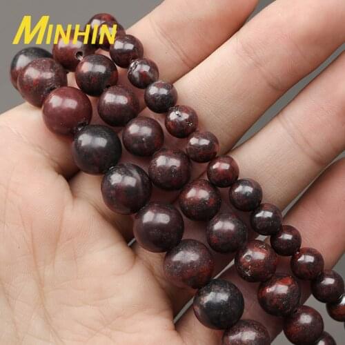 MINHIN Dark Red Flower Natural Stone Round Loose Spacer Beads 6/8/10 Pick Size for Jewelry Making DIY Bracelet Accessories