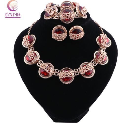 Vintage Round Red Crystal Gold Color Jewelry Sets Earrings Bracelets Set Necklace Pendant Rings Gift For Women