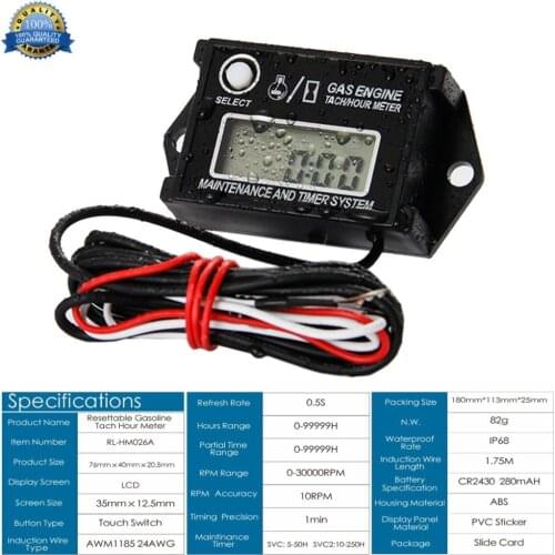 Waterproof Motocross InductiveTachometer Hour Counter RPM Meter for Gasoline Engine ATV UTV Dirtbike Moto Bike Moto Cycle Outboa