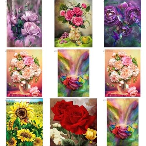 Crystal Embroidery Cross Stitch Rose Colorful Flowers Home Decoration Gift Round 3D Diy Pebble Round Diamond Painting Home Decor