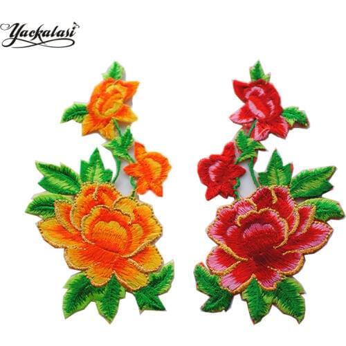 YACKALASI 10 Pairs/Lot Colored Floral Appliqued 3D Rose Mirror Pair Fabric Patches Embroidered flower 15*8.5cm