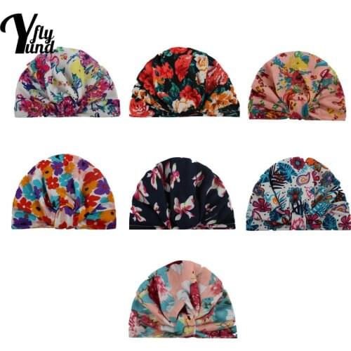 Yundfly Vintage Print Knotted Baby Girls Indian Hat Fashion Flowers Pattern Newborn Beanie Caps Kids Accessories Infant Headwear