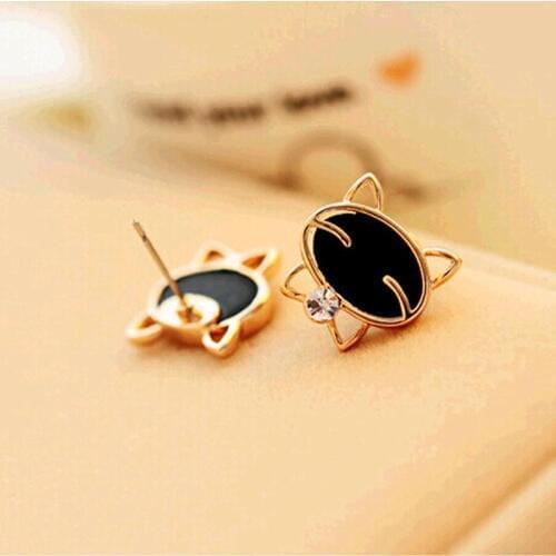Cute Black Face Golden Smiling Cat Crystal Animal Stud Earrings for Women Fashion Ear Piercing Jewelry