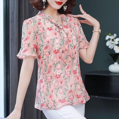 Women Large Size Summer Short Sleeve Loose Blouses Shirts Folds Casual Bow-Knot Tops O-Neck Casual Chiffon BlusasMM0164