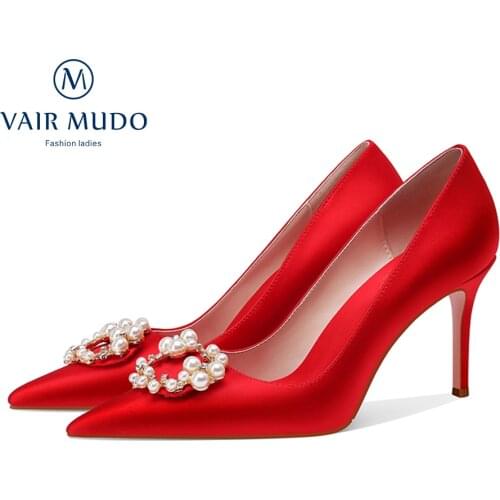 VAIR MUDO 2021 Womens Pumps Shoes High Thin Heels Silkworm Silk Romantic Red Pointed Toe Shoe Women Footwear String Bead 08