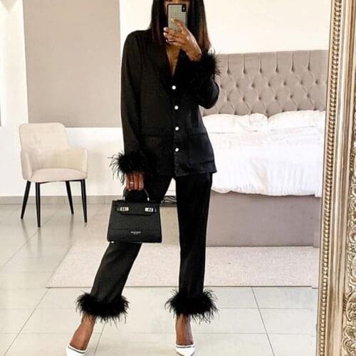 Women Long Pant Set Chic Feather Detail Long Sleeve V-Neck Button Up Top & Slim Long Pants Lounge Two Piece Set