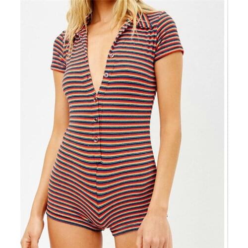 90s Vintage Women Playsuit Y2K Aesthetic Dark Red Stripe Printed Pattern Short Sleeve Collared Overalls Gothic Rompers Bodysuit