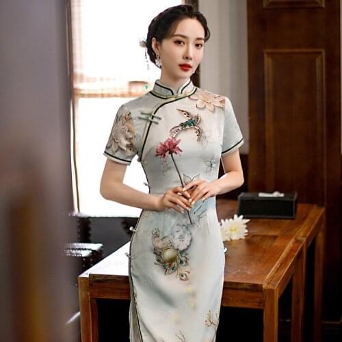 Mid Length Satin Women Qipao Sexy Slim Mandarin Collar Cheongsam Summer New Chinese Traditional Dress Plus Size 4XL Vestidos