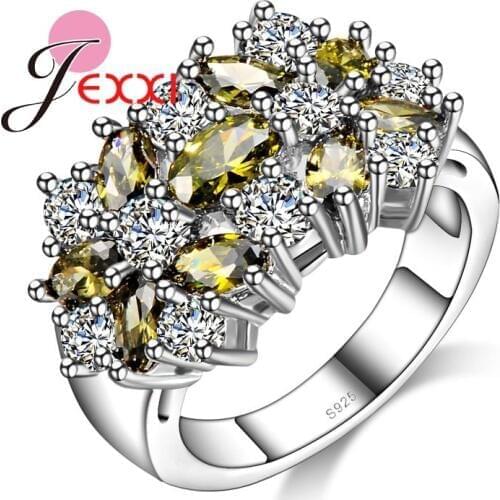 Luxury Wide Band Flower Clear White Champagne Crystal 925 Sterling Silver Finger Jewelry For Women Party Rings