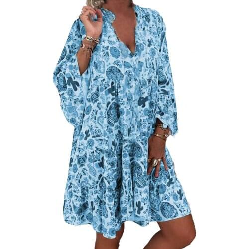 Mini Dress Cactus Print Ruffled Women V Neck Long Sleeve Buttons Dress Fashion Summer Dress Casual Robe Beach Dresses Vestidos