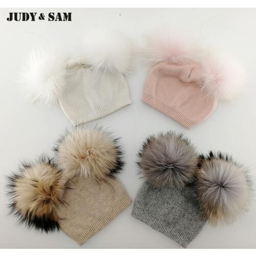 3-6 Years Cashmere Kids Hats and Caps with Lovely Double Fur Pom Pom for Boys and Girls