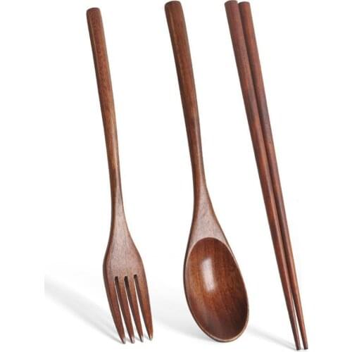 3PCS Set Fork Chopsticks Spoons Portable Long Handle Natural Wooden Tableware Dinnerware Cutlery Set Kitchen Gadget Gift