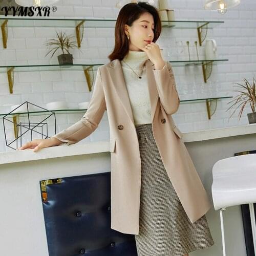 Khaki Blazer Womens Large Size Fall Winter Elegant Pure Color Mid-length Womens Jacket High Quality Suit Female 2021 New