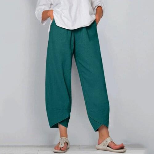 Women Casual Harem Pants Solid Color Cotton Linen Wide Leg Trousers Summer Elastic Waist Plus Size Loose Straight Trousers 3
