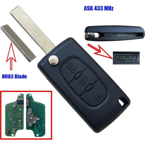 CE0536 ASK 433Mhz Flip Remote Key 3BT for PEUGEOT Partner 807 307 207 407 308 CC Expert SW Lamp/Light Button ID46 Blade VA2 HU83