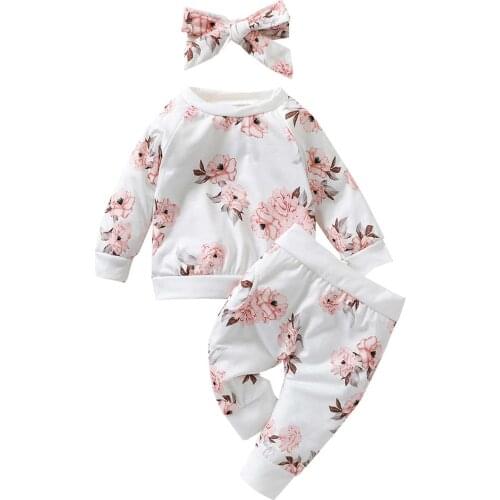 3Pcs Kids Autumn Cotton Tracksuit Flower Print Round-Neck Long Sleeves Pullover Tops Pants Hairband for Baby Girls 0-2 Years
