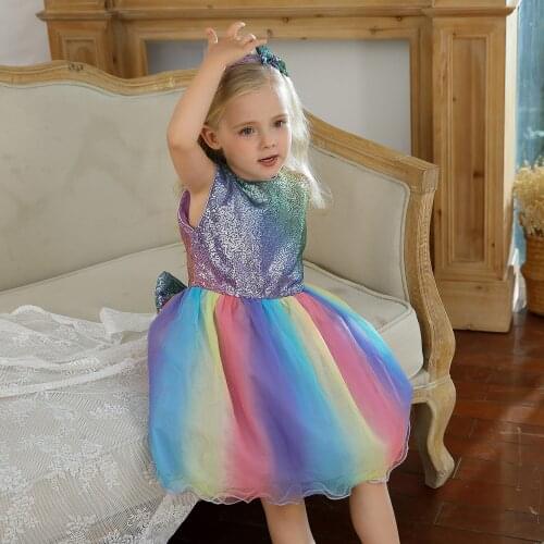 Cute Bow Kids Dresses For Girls Rainbow Tutu Wedding Gown 1 2 3 4 5 Year Birthday Gift Baby Party Wear Toddler Girl Clothes