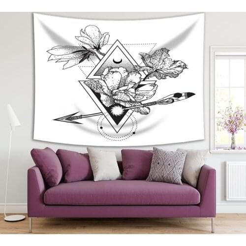 Tapestry Geometric Alchemy Symbol with Flowers, Moon, Sun Triangle Abstract Composition Mystic Sign Black White